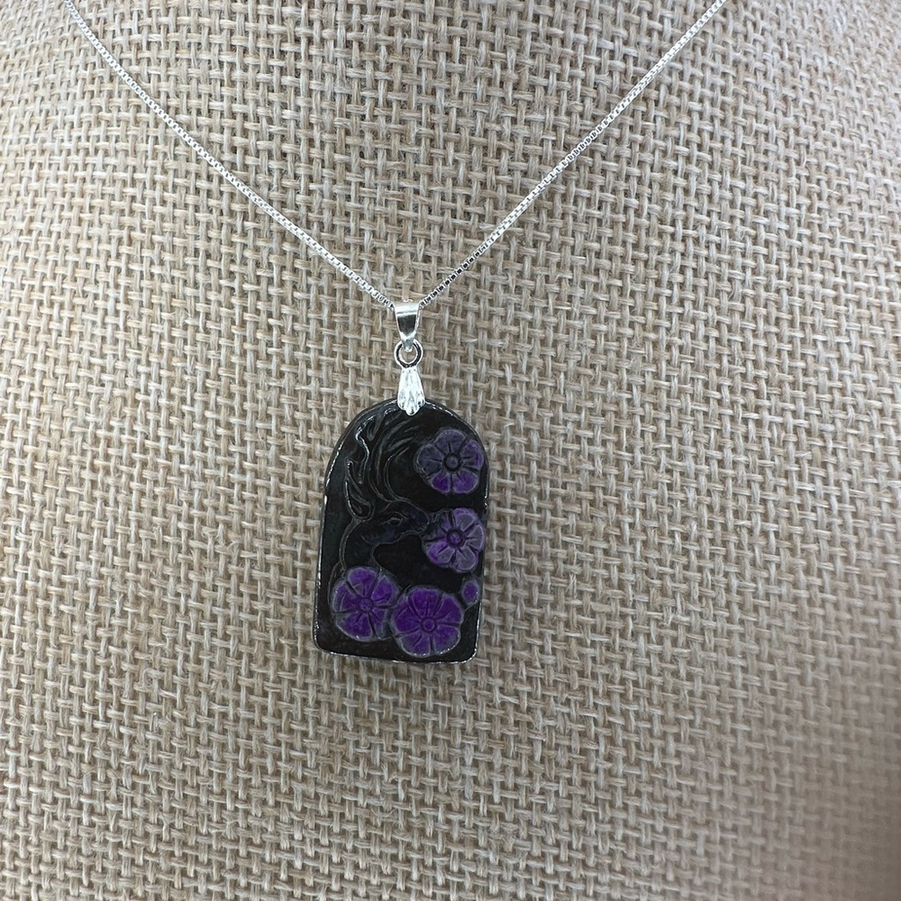 Arch Shaped Deer and Flowers Sugilite Pendant on Sterling Silver Box Chain - Picture 3 of 16